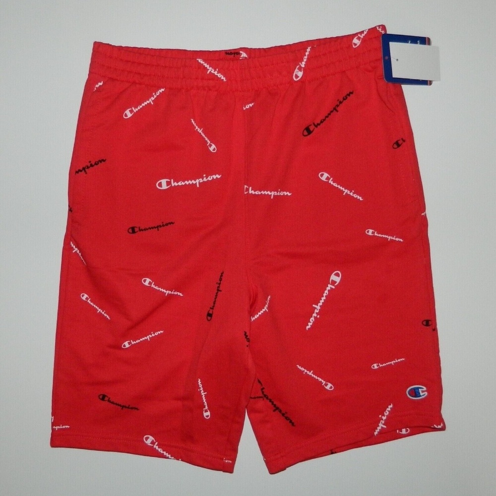NWT CHAMPION boys Scarlet Red All Over Logo French Terry Sweat Shorts MEDIUM